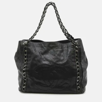 Pre-owned Chanel Luxury Line Coco Mark Chain Tote Bag Shoulder Caviar Skin Leather Black