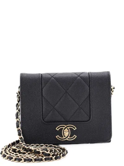 Pre-owned Chanel Mademoiselle Card Holder On Chain Quilted Caviar Crossbody Bag In Black