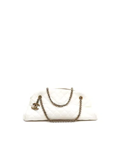 Pre-owned Chanel Mademoiselle Chain Bowling Bag In White