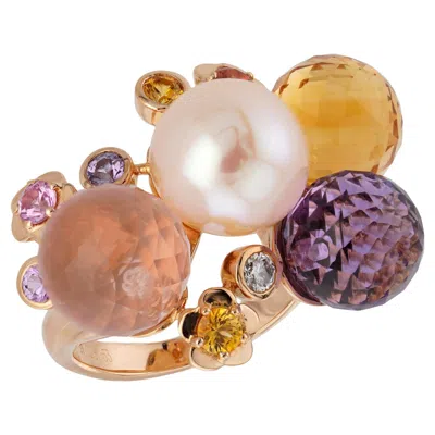 Pre-owned Chanel Mademoiselle Cultured Pearl Gemstone Diamond Rose Gold Ring In Red