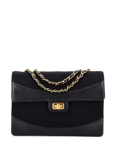 Pre-owned Chanel Mademoiselle Lock Flap Bag Quilted Jersey And Leather Medium Shoulder Bag In Black
