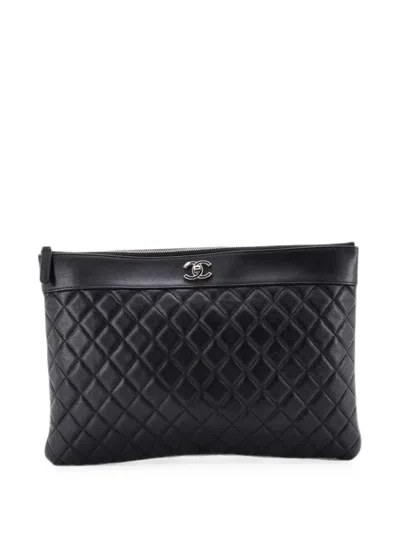 Pre-owned Chanel Mademoiselle O Case Quilted Sheepskin Large Clutch Bag In Black