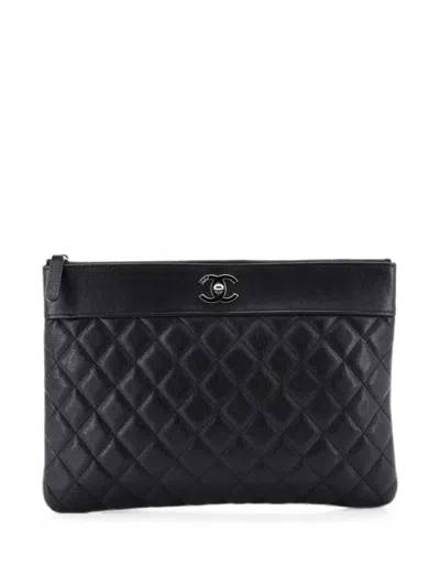 Pre-owned Chanel Mademoiselle O Case Quilted Sheepskin Medium Clutch Bag In Black