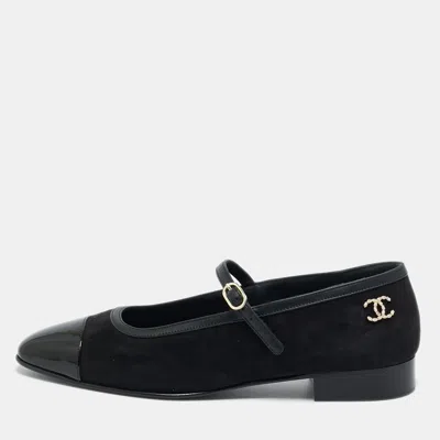 Pre-owned Chanel Mary Jane Size 38.5 Black Suede And Patent Leather Ballet Flats