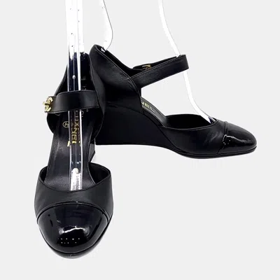 Pre-owned Chanel Mary Jane Wedge Black Leather Shoes Eu 37