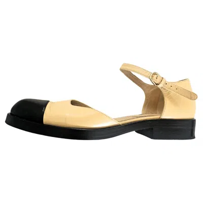 Pre-owned Chanel Mary Janes Open Shoes Beige Black Size 42 With Golden Cc