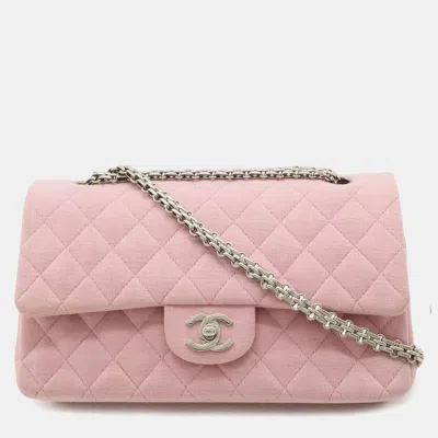 Pre-owned Chanel Matelassé 25 Pink Cotton Jersey Coco Mark Double Flap Chain Shoulder Bag