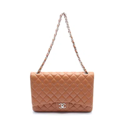 Pre-owned Chanel Matelasse 34 Classic Maxi W Flap W Chain Shoulder Bag Caviar Skin Light Silver Hardware In Brown