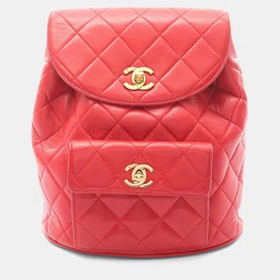 Pre-owned Chanel Matelasse Backpack Bag In Lambskin Leather Red