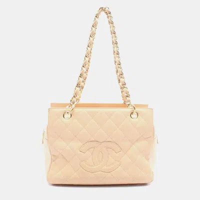 Pre-owned Chanel Matelassé Beige Calfskin Leather Tote Chain Shoulder Bag Ghw