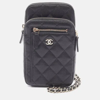 Pre-owned Chanel Matelasse Black Calfskin Phone Holder Shoulder Bag Ghw