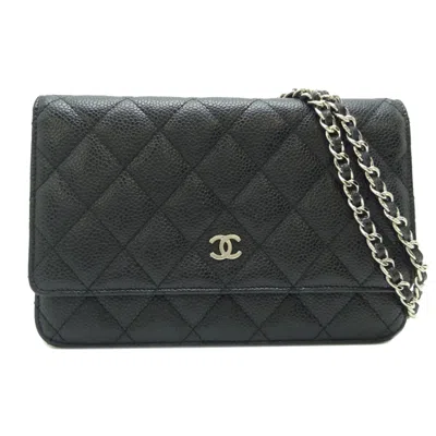 Pre-owned Chanel Matelasse Black Grained Calfskin Chain/shoulder Wallet ()