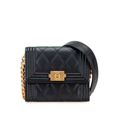 Pre-owned Chanel Matelasse Black Grained Calfskin Chain/shoulder Wallet ()