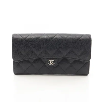 Pre-owned Chanel Matelasse Black Grained Calfskin Long Wallet (bi-fold) ()