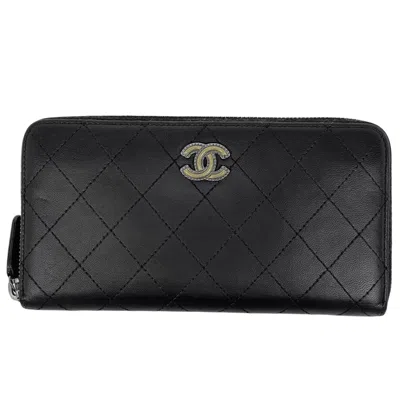 Pre-owned Chanel Matelasse Black Leather Long Wallet (bi-fold) ()
