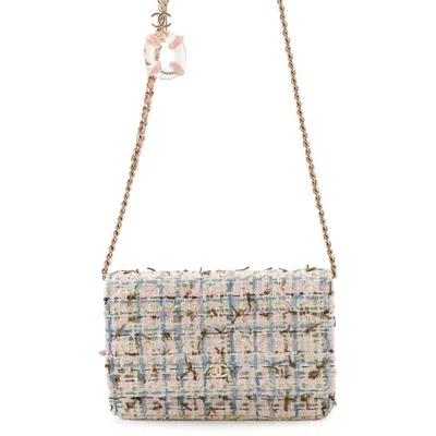 Pre-owned Chanel Matelasse Blue Pink Tweed Chain/shoulder Wallet () In Multi