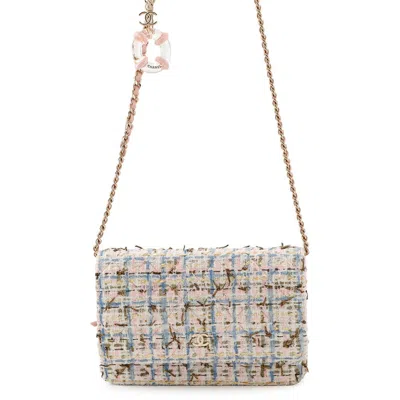Pre-owned Chanel Matelasse Blue Pink White Tweed Chain/shoulder Wallet ()
