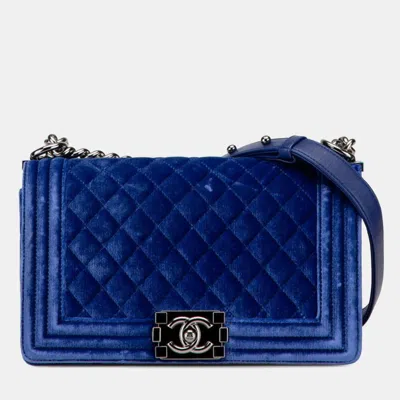 Pre-owned Chanel Matelasse Boy Coco Mark Chain Shoulder Bag Blue Velour Leather
