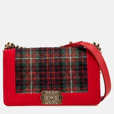 Pre-owned Chanel Matelasse Boy Coco Mark Chain Shoulder Bag Red Green Velour Leather