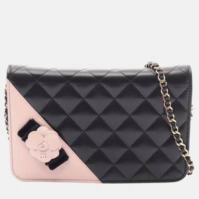Pre-owned Chanel Matelasse Camellia Wallet On Chain Black Pink Lambskin Leather Crossbody Bag In Multi
