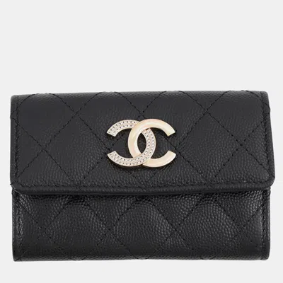 Pre-owned Chanel Matelasse Card Case Cc Logo Black Caviar Leather/rhinestone