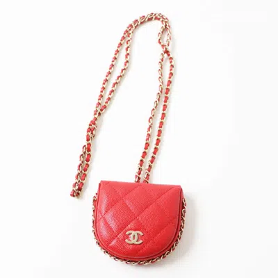 Pre-owned Chanel Matelasse Caviar Skin Chain Wallet Coin Case In Red