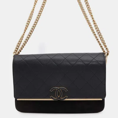 Pre-owned Chanel Matelasse Cc Logo Chain Black Caviar Leather Suede Shoulder Bag