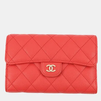 Pre-owned Chanel Matelasse Cc Logo Flap Wallet Red Caviar Leather