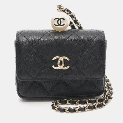 Pre-owned Chanel Matelasse Chain Flap Coin Purse Wallet/coin Case Wallet Leather Faux Pearl Black