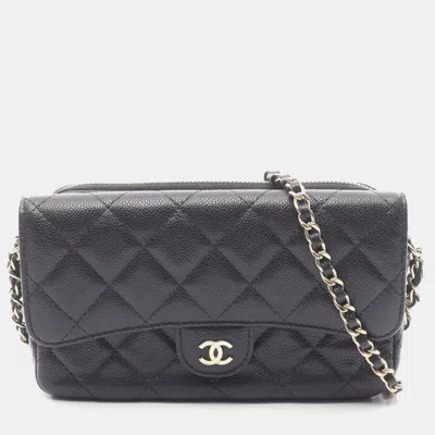 Pre-owned Chanel Matelasse Chain Phone Case Wallet Shoulder Bag In Calfskin Leather Black