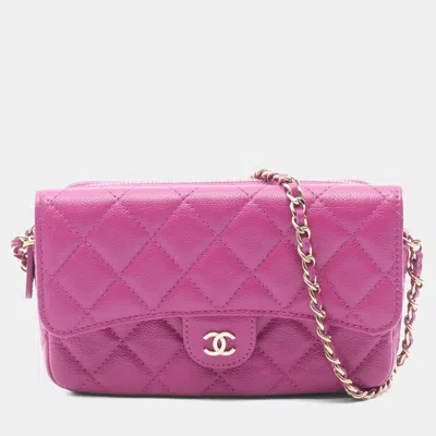 Pre-owned Chanel Matelasse Chain Phone Case Wallet Shoulder Bag In Grained Calfskin Leather Purple
