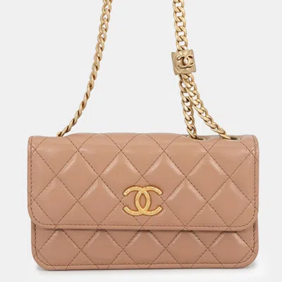 Pre-owned Chanel Matelasse Chain Phone Pouch Beige Lambskin In Sand