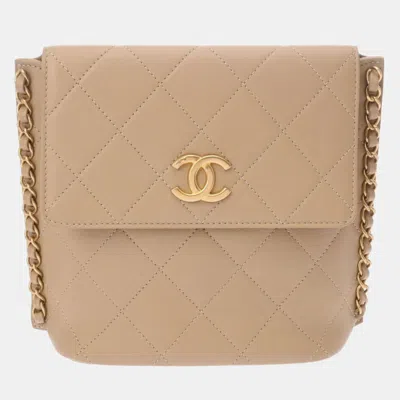 Pre-owned Chanel Matelasse Chain Shoulder Coco Mark Beige Lambskin Bag In Sand