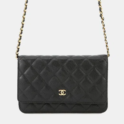 Pre-owned Chanel Matelasse Chain Wallet Black Caviar Leather