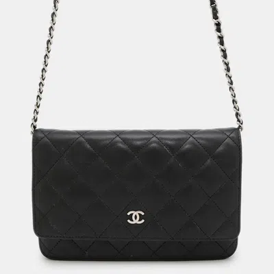 Pre-owned Chanel Matelasse Chain Wallet Black Lambskin
