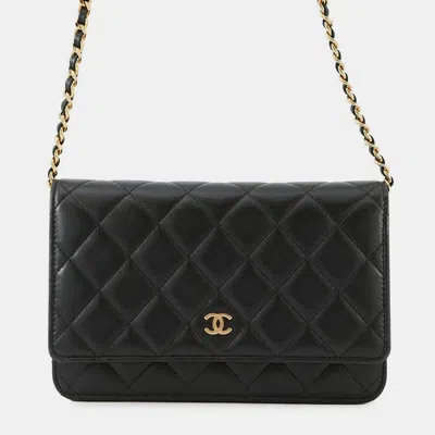 Pre-owned Chanel Matelasse Chain Wallet Black Lambskin