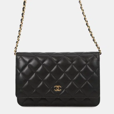 Pre-owned Chanel Matelasse Chain Wallet Black Lambskin