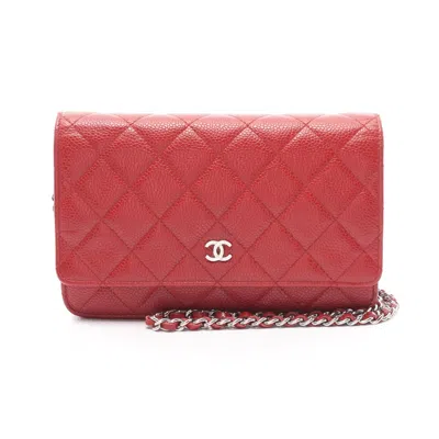 Pre-owned Chanel Matelasse Chain Wallet Caviar Skin Silver Hardware In Red
