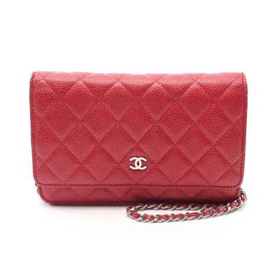 Pre-owned Chanel Matelasse Chain Wallet Caviar Skin Silver Hardware In Red