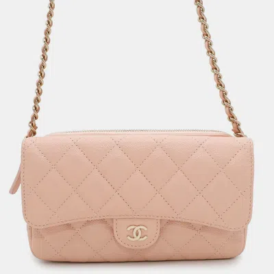 Pre-owned Chanel Matelasse Chain Wallet Flap Phone Case Light Pink Caviar Leather