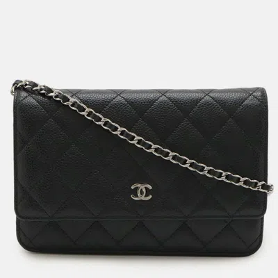 Pre-owned Chanel Matelasse Chain Wallet Shoulder Bag Pochette In Black Caviar Leather