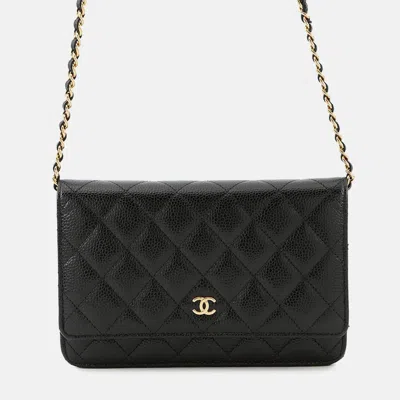 Pre-owned Chanel Matelasse Classic Black Caviar Leather Chain Wallet