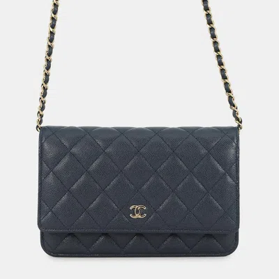 Pre-owned Chanel Matelasse Classic Chain Wallet Navy Caviar Leather In Blue
