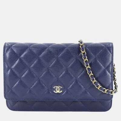 Pre-owned Chanel Matelasse Classic Chain Wallet Navy Caviar Leather In Blue