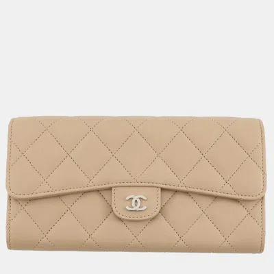Pre-owned Chanel Matelasse Classic Long Flap Wallet Beige Lambskin In Sand