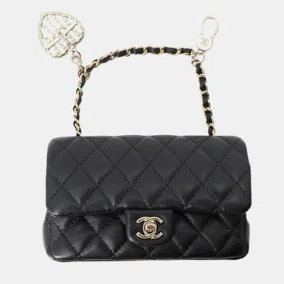 Pre-owned Chanel Matelasse Classic Mini Bag Bag Charm Black Lambskin Faux Pearl Rhinestone