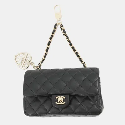 Pre-owned Chanel Matelasse Classic Mini Bag Charm Black Lambskin Faux Pearl Rhinestone