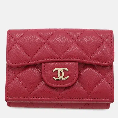 Pre-owned Chanel Matelasse Classic Small Caviar Leather Flap Wallet In Pink