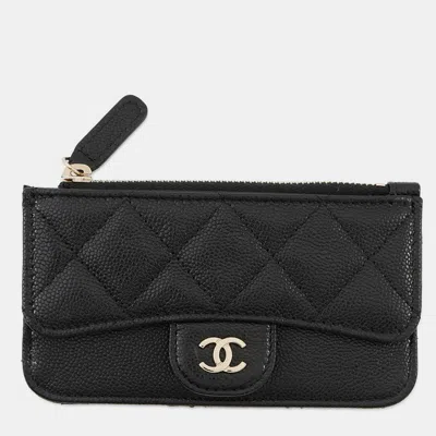 Pre-owned Chanel Matelasse Classic Zip Card Case Black Caviar Leather