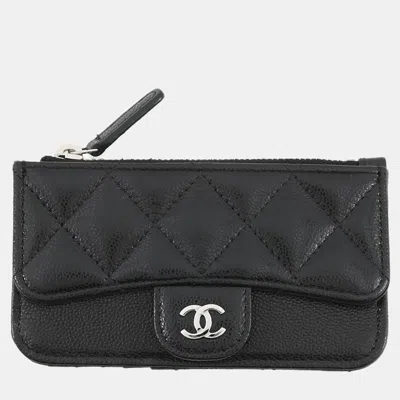 Pre-owned Chanel Matelasse Classic Zip Card Case Black Caviar Leather